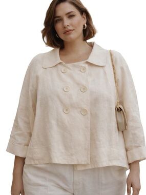 Sandro Linen Cropped Cream Double-Breasted Jacket Large Buttons Size 2X